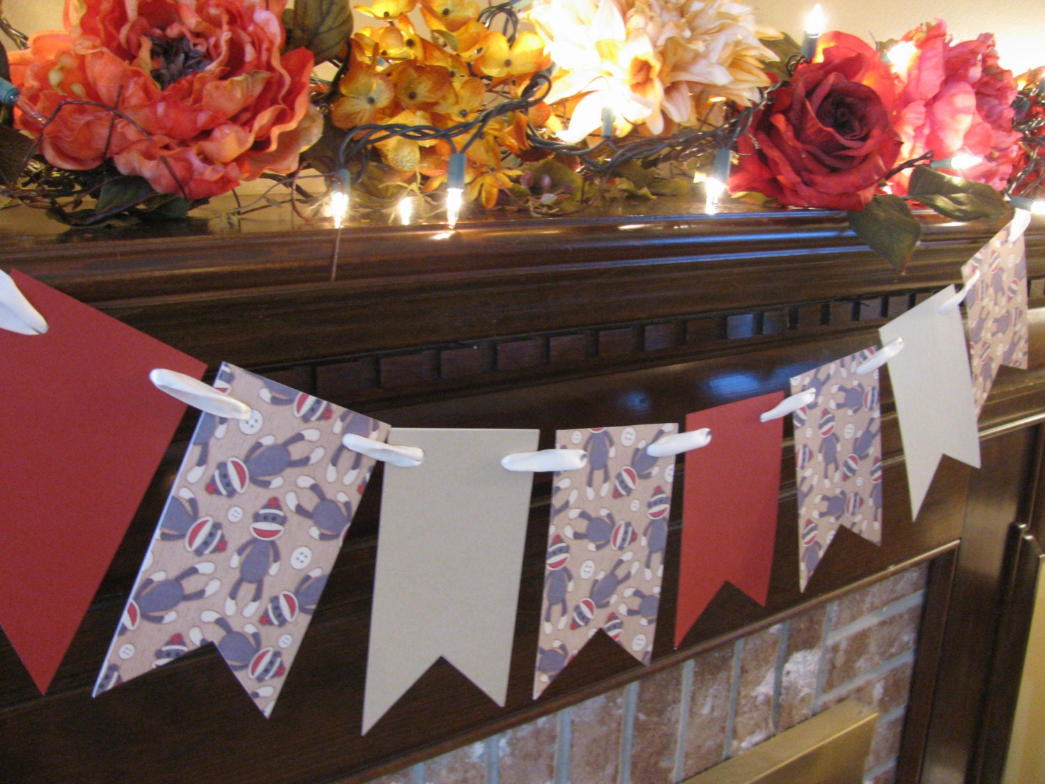 Sock Monkey Banner, Pennant, Garland, Handmade Birthday Party, Baby Shower, Nursery Decor, Cute Photo Prop