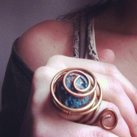 Copper ring - Turquoise ring - Tribal ring - wire wrapped ring - Big ring - spiral ring etsyitaliateam - Water and earth ring