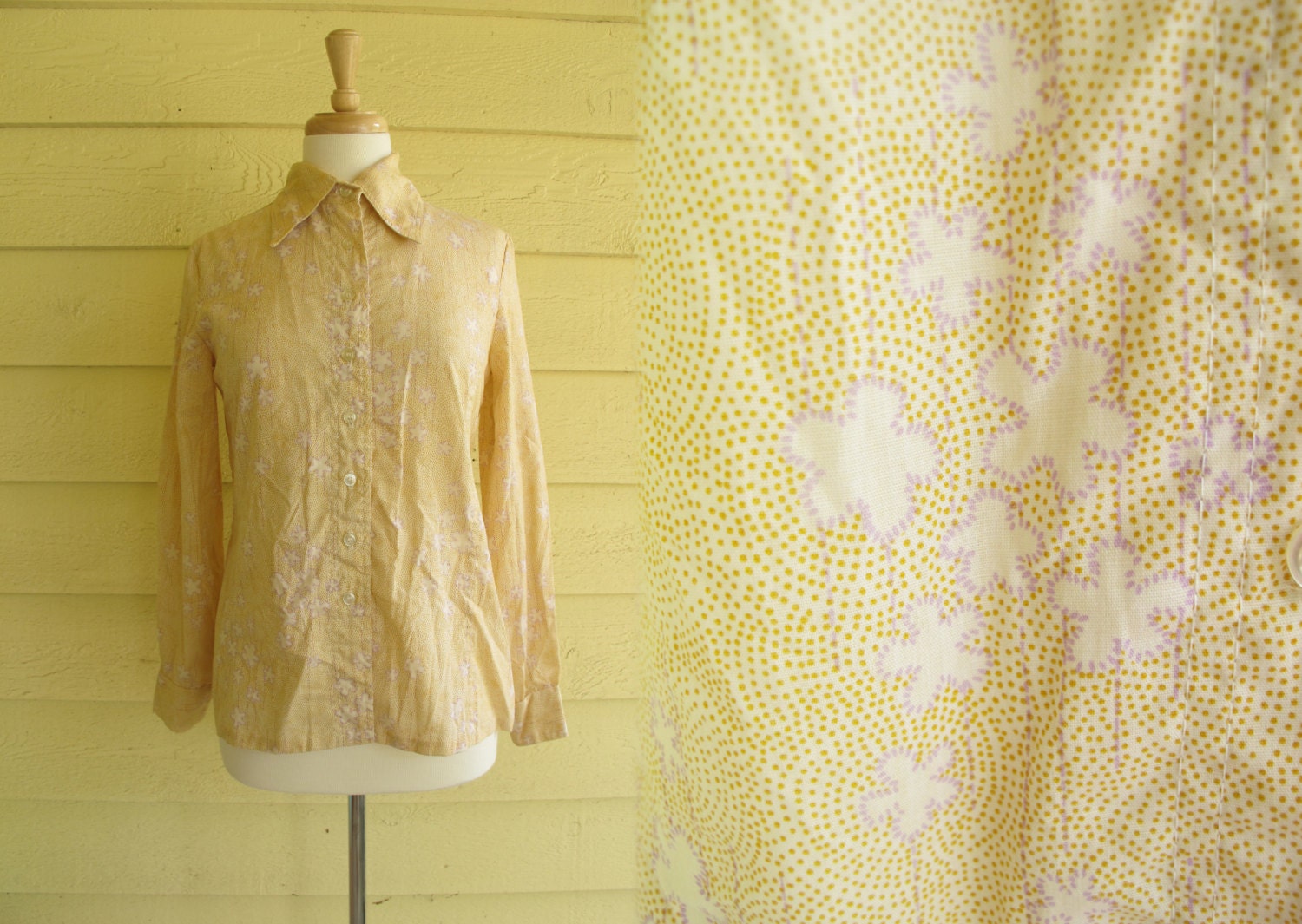 70s Cotton Blouse / 1970s Pointed Collar Print Button Up