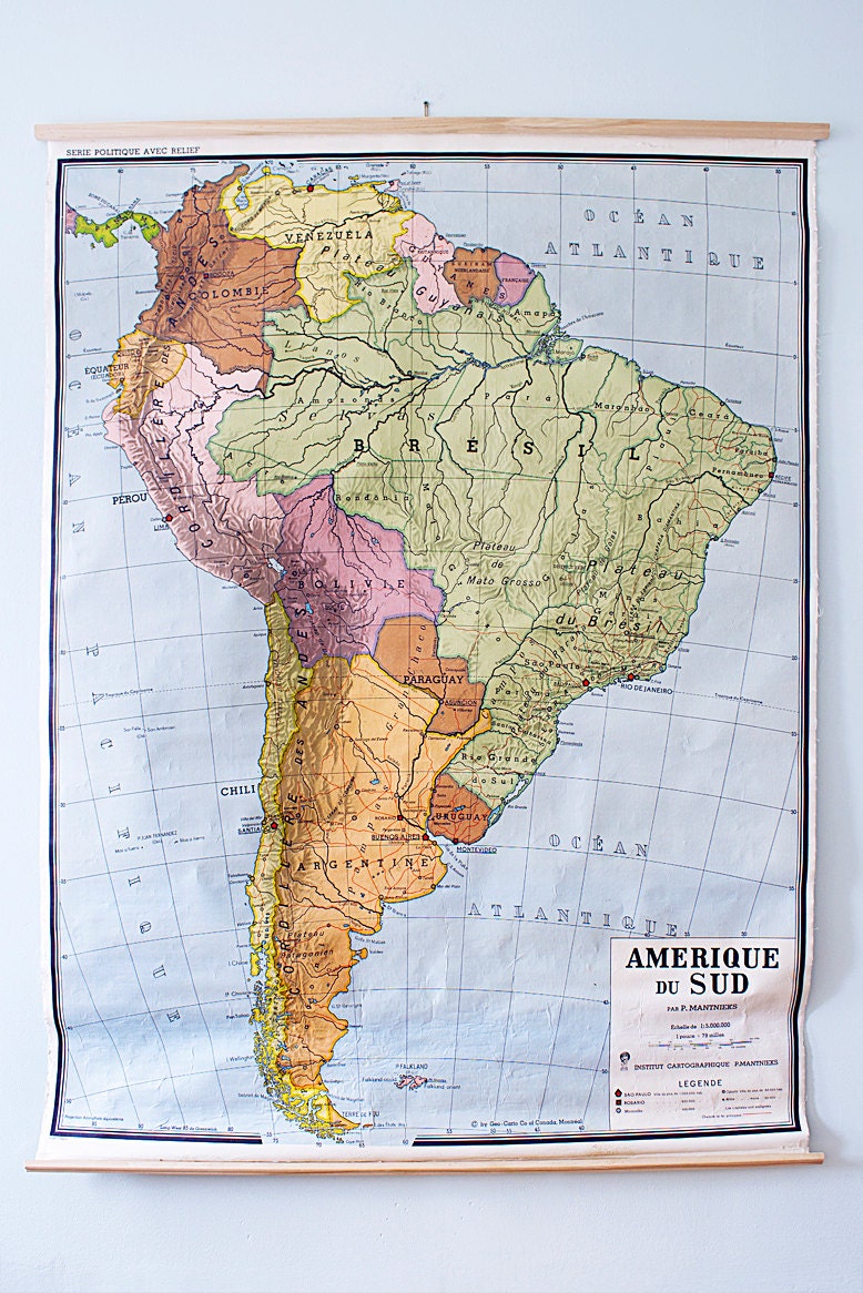 Vibrant Vintage 1950's Pull Down Classroom Map - Map of South America