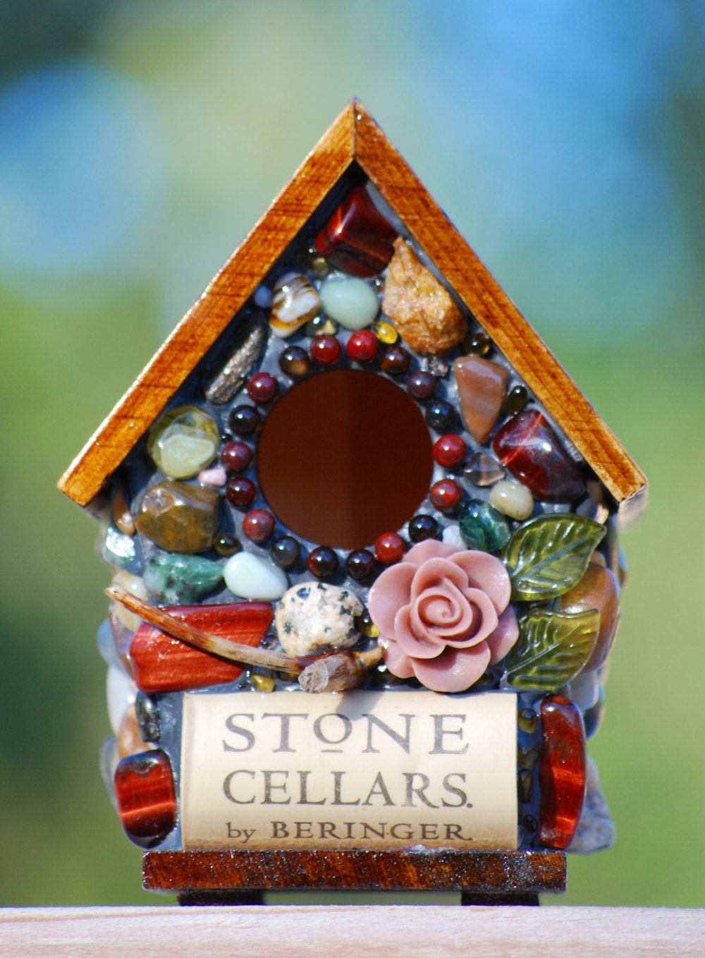 Recycled Wine Cork and Stone Birdhouse with Roses