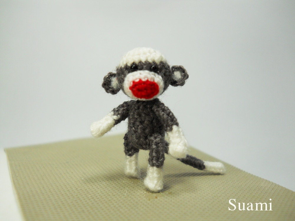 Tiny Sock Monkey 1 inch - Micro Amigurumi Crochet Miniature Sock Monkey Stuff Animal - Made To Order