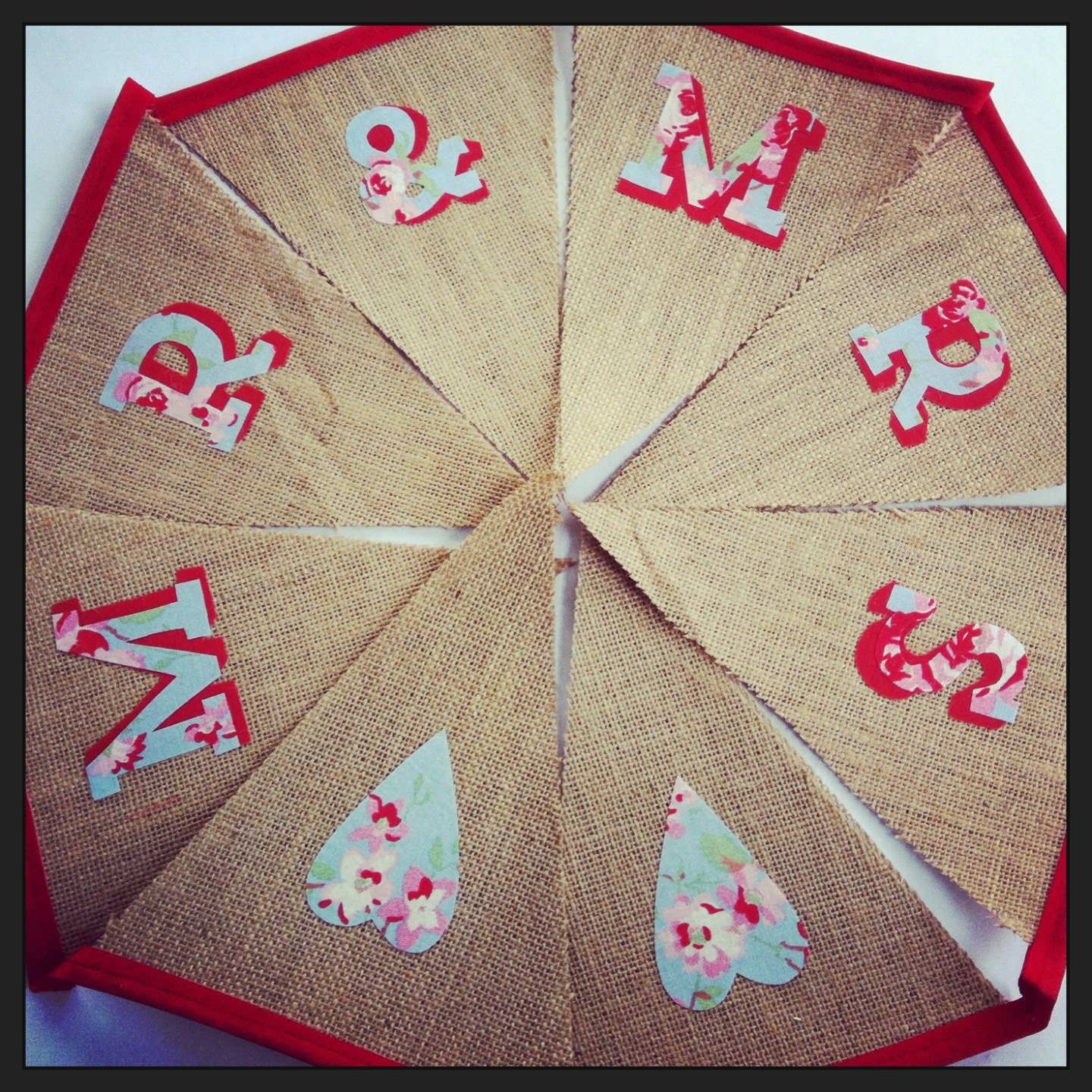 Mr & Mrs Wedding Burlap Bunting with vintage cottons
