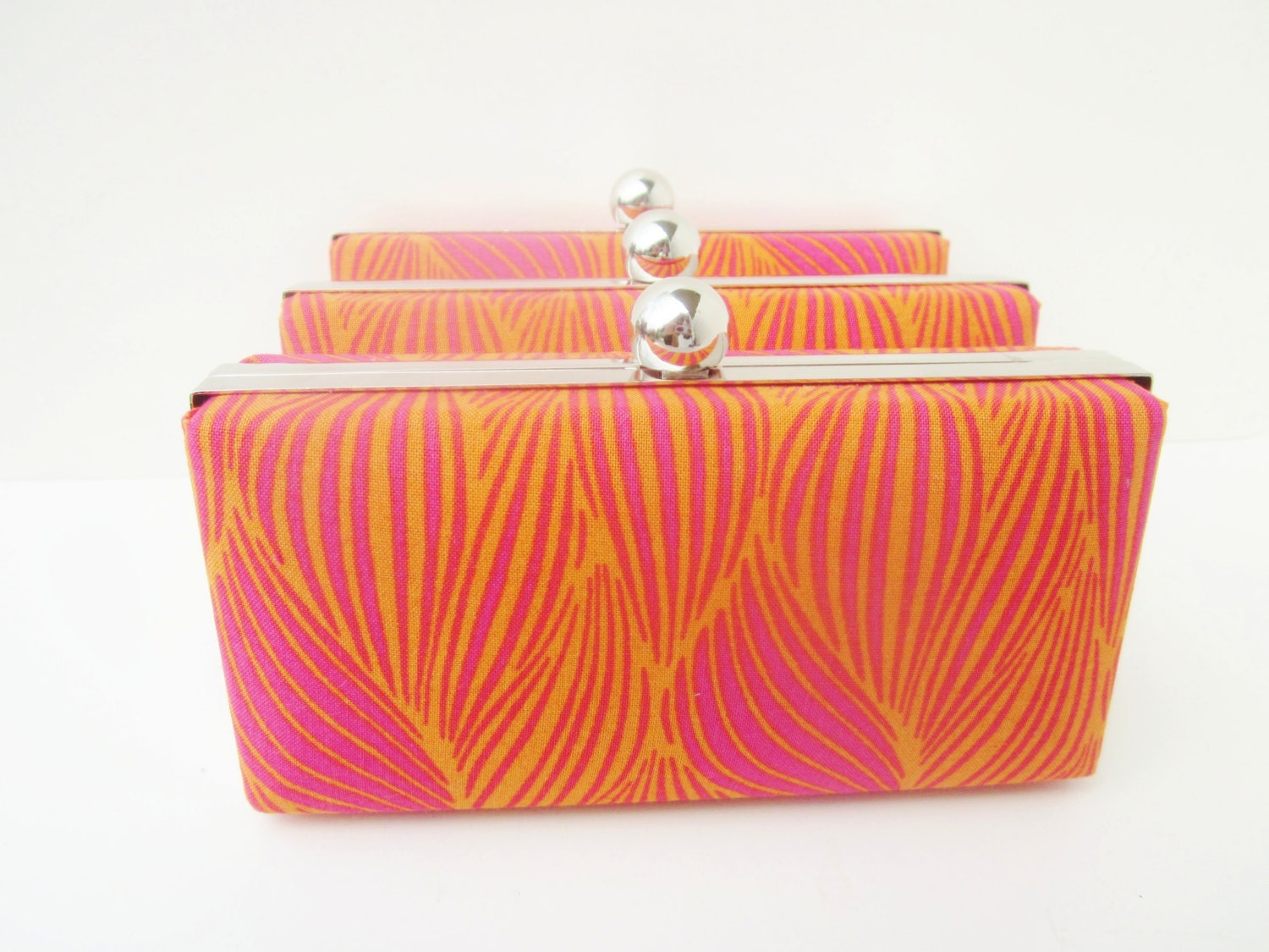 Bridesmaid Clutch set of 3, bridesmaid clutch set in pink and orange, hot pink clutch set