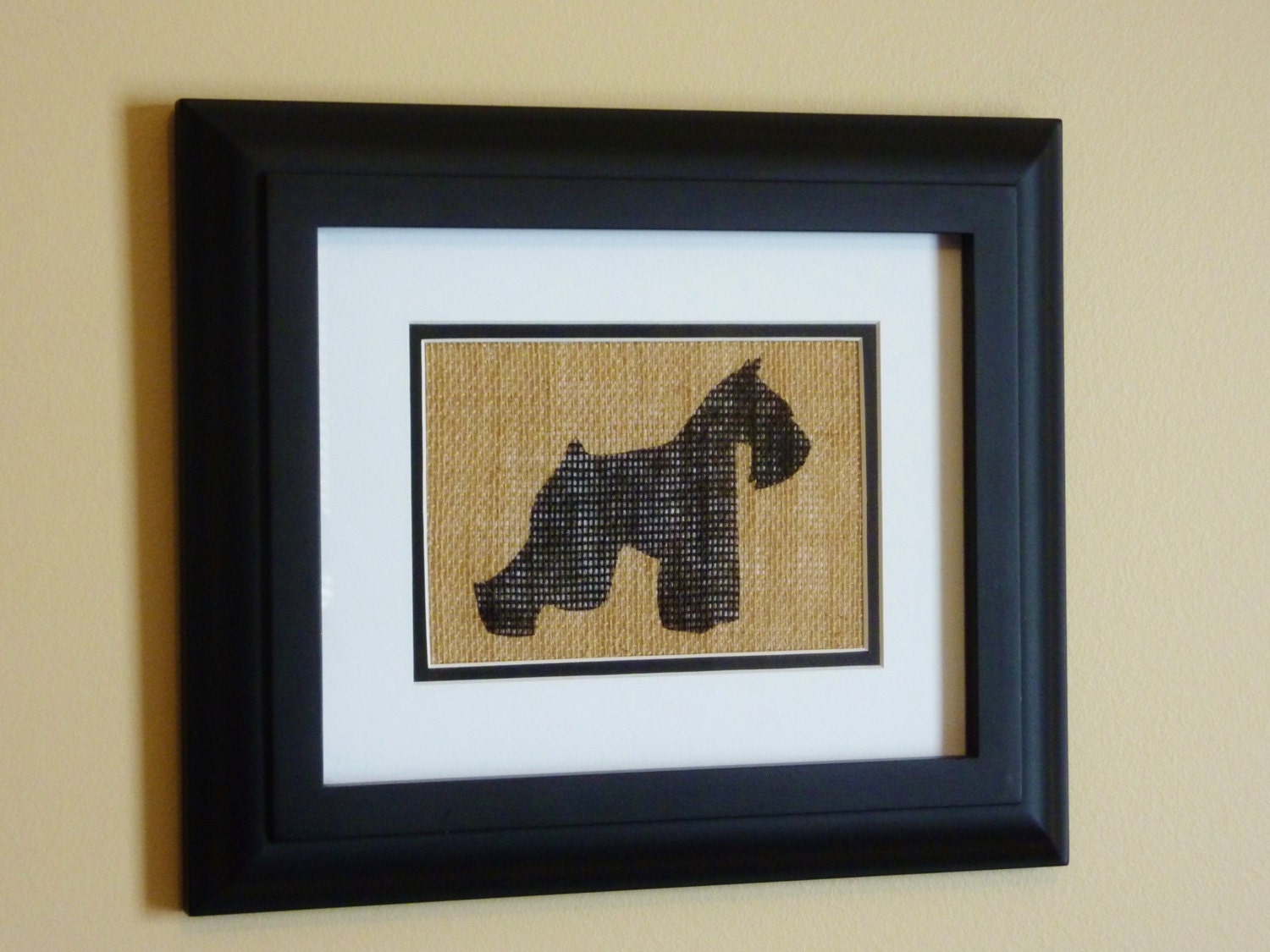 Stenciled Schnauzer Silhouette Double Matted Burlap Art Print- 8x10