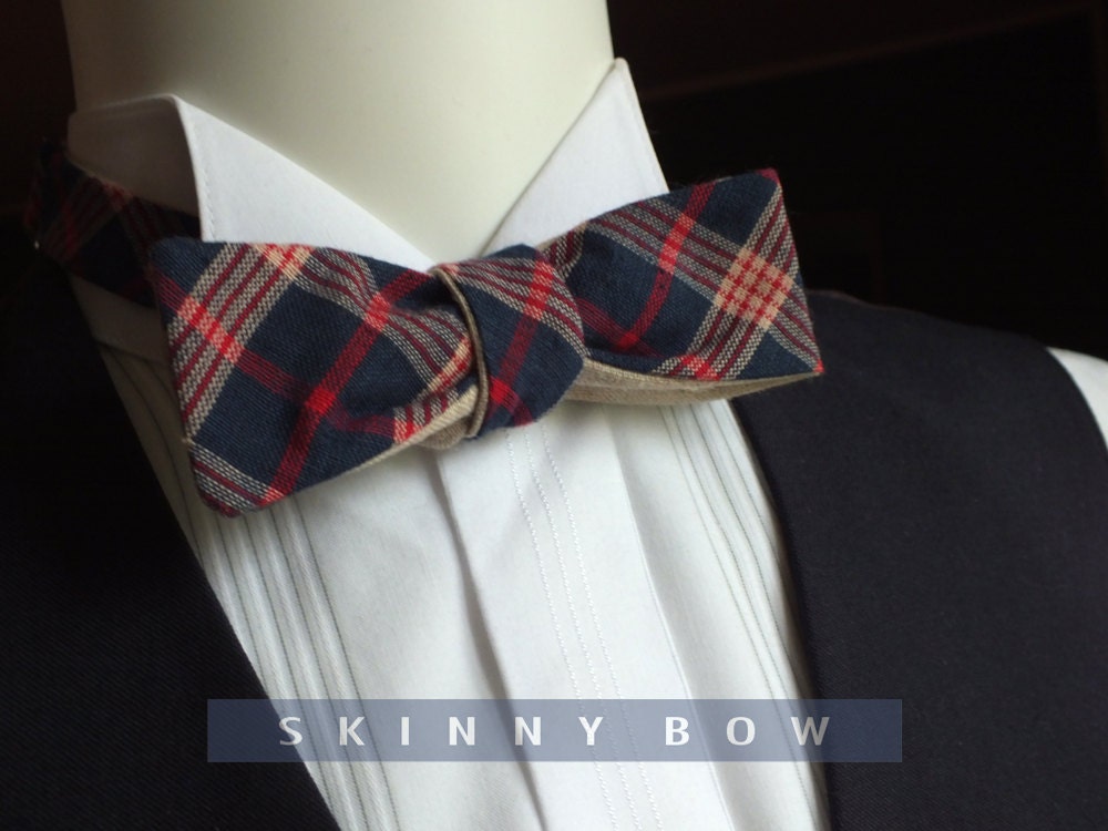 Bow Tie, for men, skinny style, self tie, red, white and blue plaid, plain natural linen on reverse.