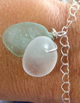 Sterling heartlink bracelet with double beach glass