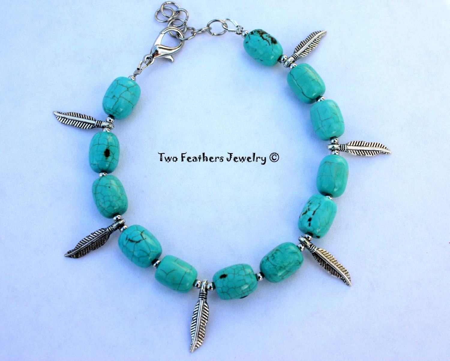 Turquoise Bracelet - Silver Feather Bracelet - Charm Bracelet - Turquoise And Silver - Beaded - Tribal - Boho - Gift For Her - Small Anklet