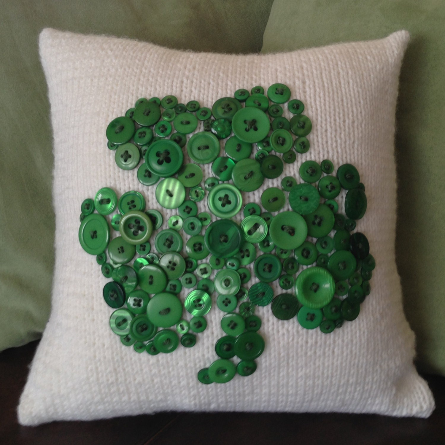 Emerald Green Irish Shamrock hand knit pillow cover with buttons