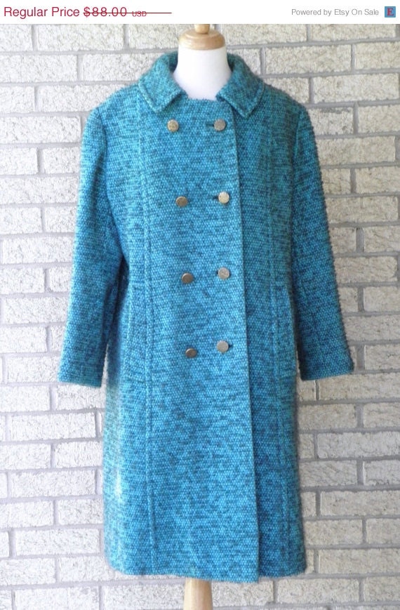 SALE Aqua Blue Tweed Coat, Bonwit Teller Winter Coat, Muriel Reade Double Breasted Coat