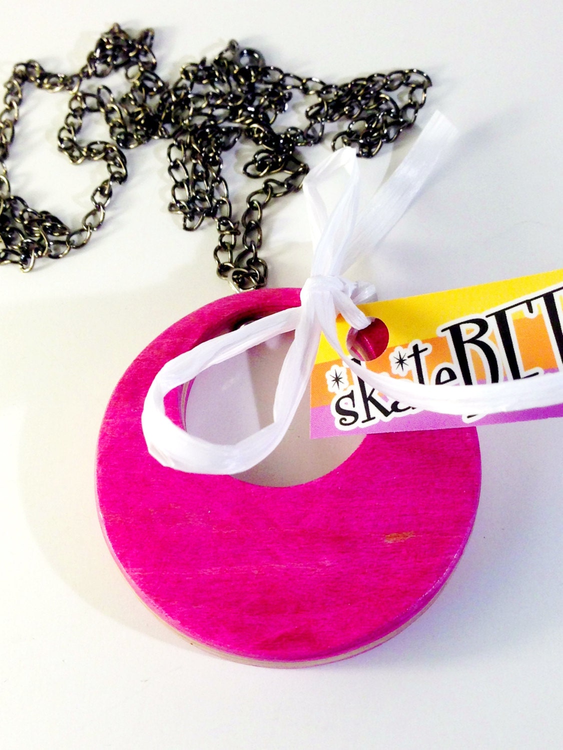 Recycled Skateboard Wood Pendant Necklace Pink and Blue Girl