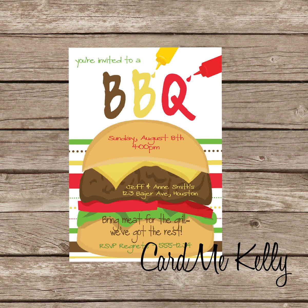 Printable BBQ Grill Burger Ketchup Mustard Summer Party Invitation Card - Digital File