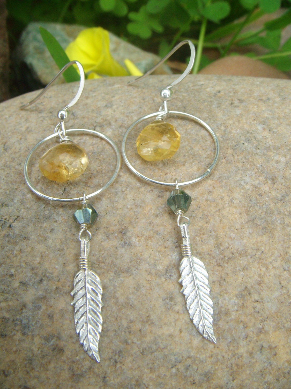 Sterling Silver Feather Earrings - Hoop Dangle Earrings - Native American - Citrine - Crystal Accent