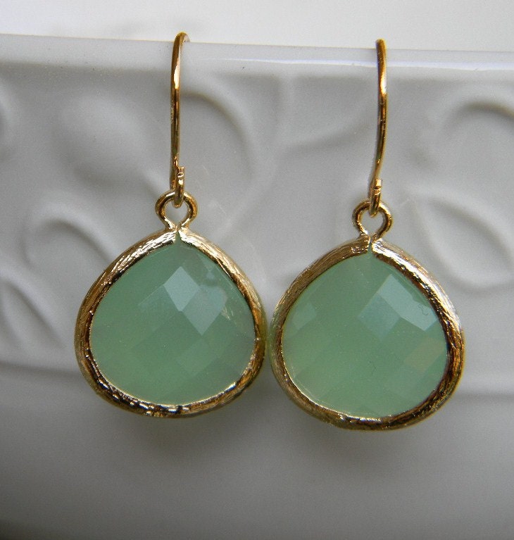 Mint Green Chalcedony Glass and Gold Dangle Earrings-Bride-Bridal-Wedding