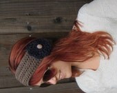 Flower Headband, Taupe & Navy (crochet ear warmer with big pale green flower)