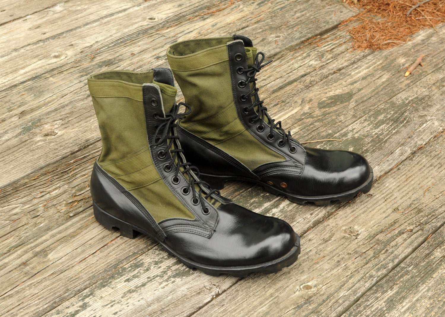 RO Search jungle boots combat military issue black leather green canvas mens size 13.5 13.5R