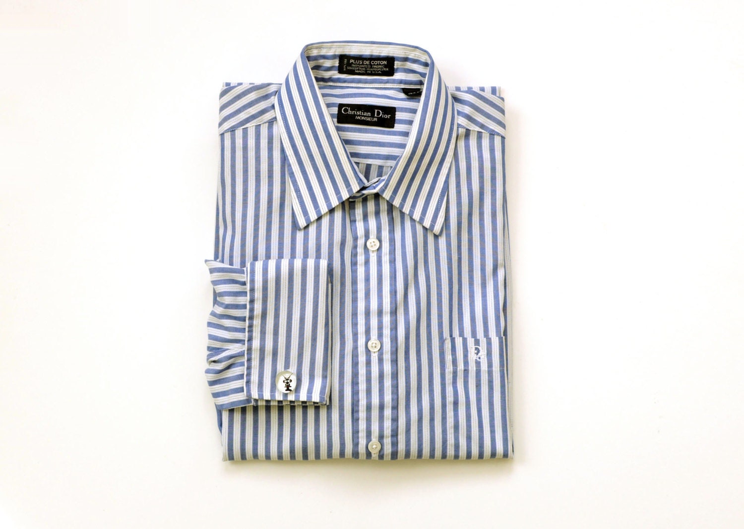 vintage Christian Dior mens dress shirt French cuff blue white stripe 15 1/2-34 medium M