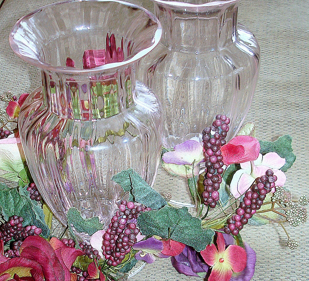 Pair Vintage Clear Pink Glass Vases.  Urn Shaped.  Tall and Fluted