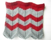 Chevron Knit Scarf, Cowl Circle Scarf, Red Grey Silver