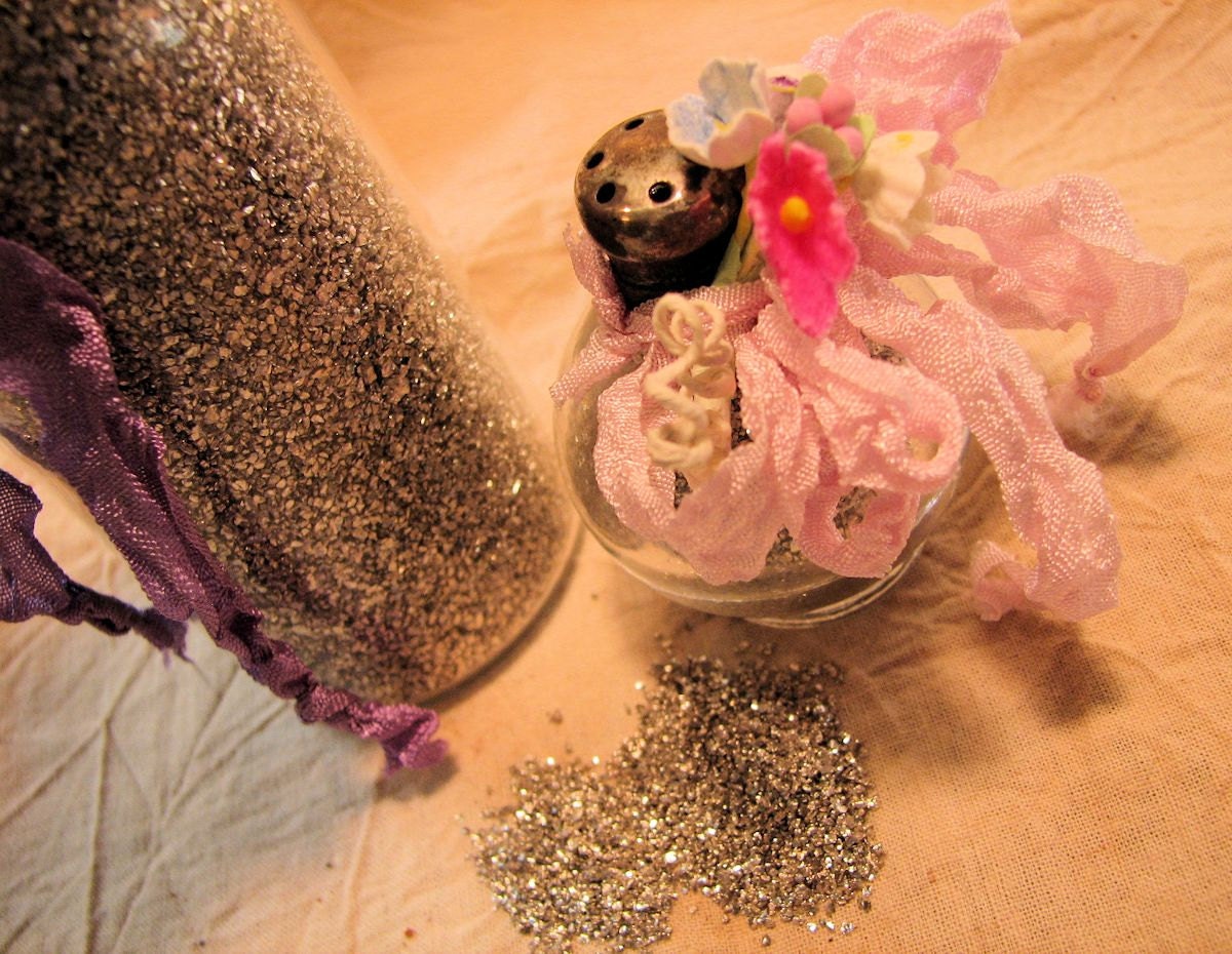 Silver German Glass Glitter, In a Glass Shaker With Sterling Silver Top,