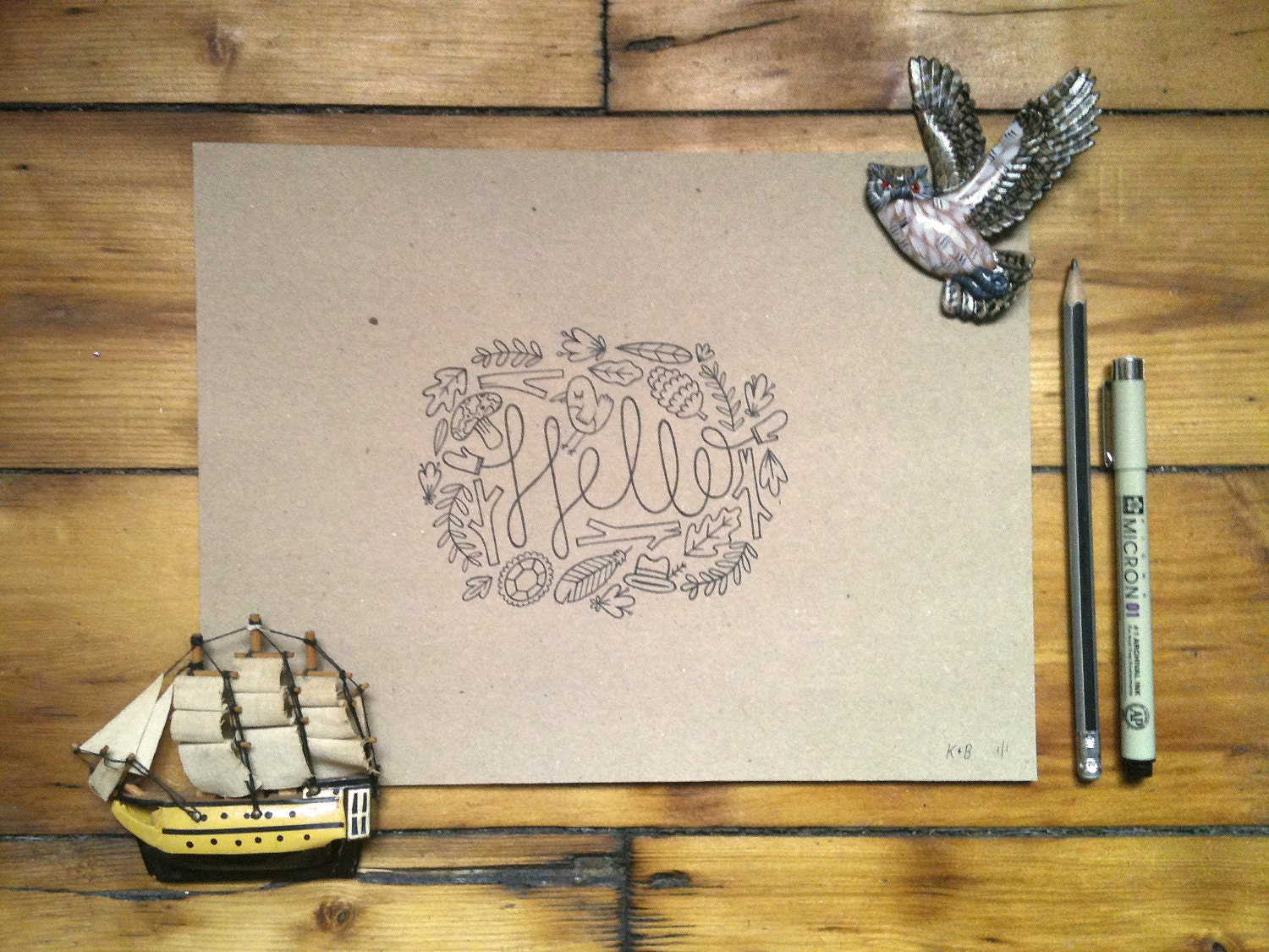 Hello World - Original Woodland Typography Illustration Drawing