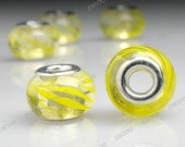 5pcs Lampwork Glass Large Hole Beads Clear with Yellow Strip 14x14mm LB0060