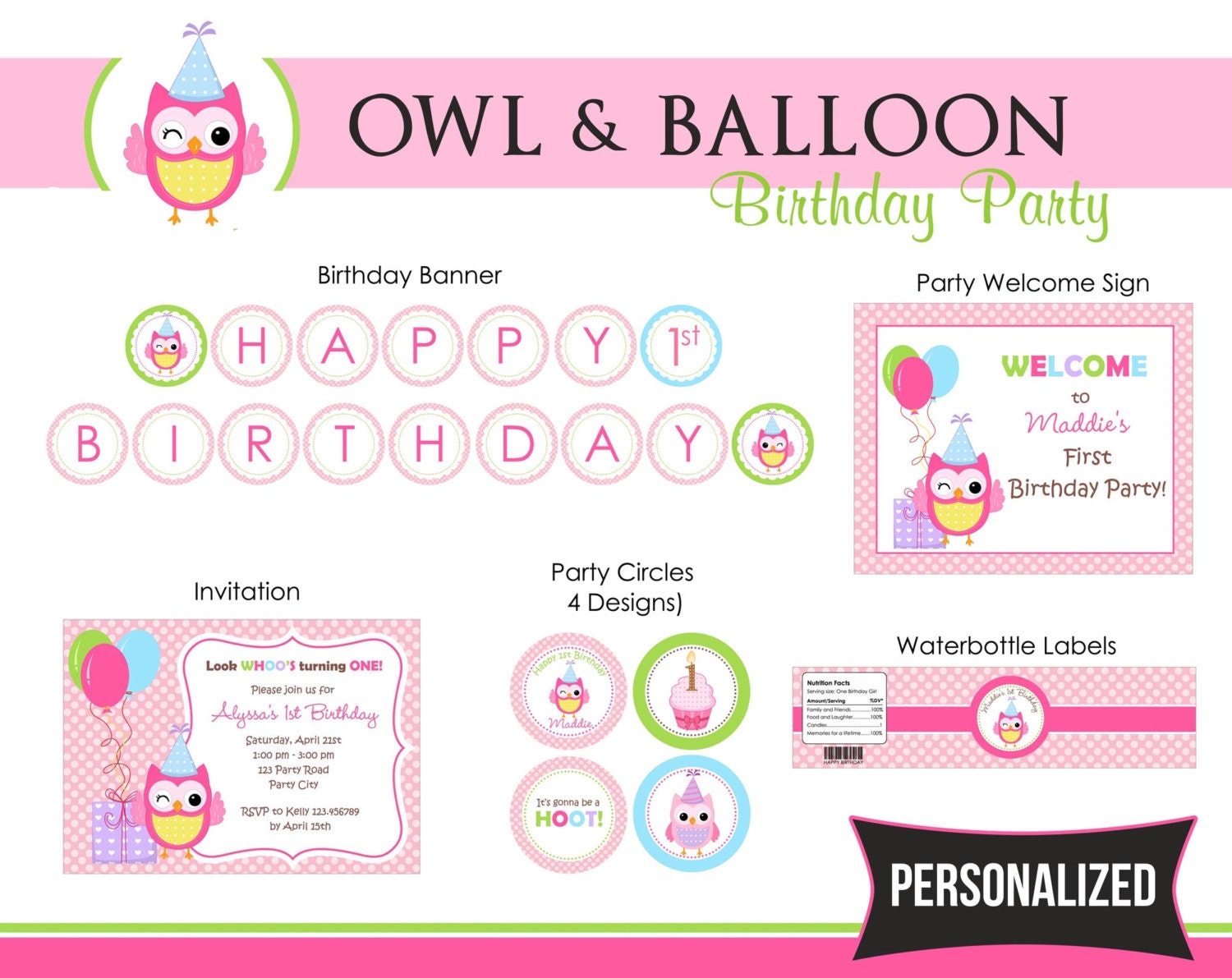 Owl Birthday Party Package PRINTABLE (Cheerful Pink Balloon) DIY Girls(1st Birthday/Any Age) PERSONALIZED - Invitation, Party Circle, Banner