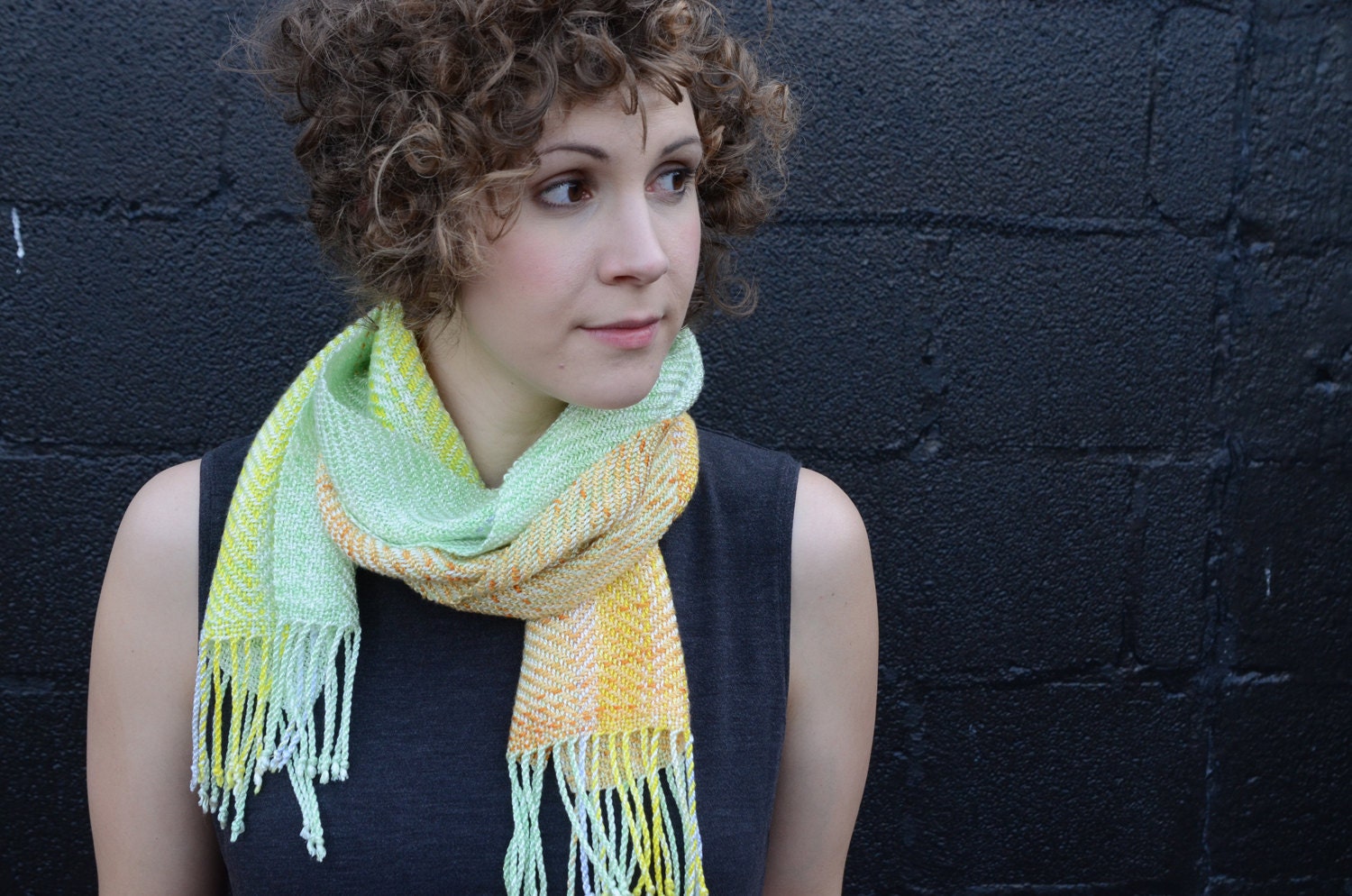 Handwoven and Hand-dyed Orange and Green Rayon Scarf