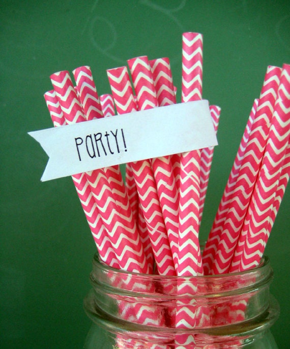 Pink Chevron Paper Straws - Set of 25 Chevron Straws With DIY Printable Toppers