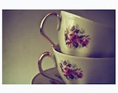 Tea cup still liefe photograph - vintage style deep purple gray gold floral - Granny's Tea Cups - 8x12 print