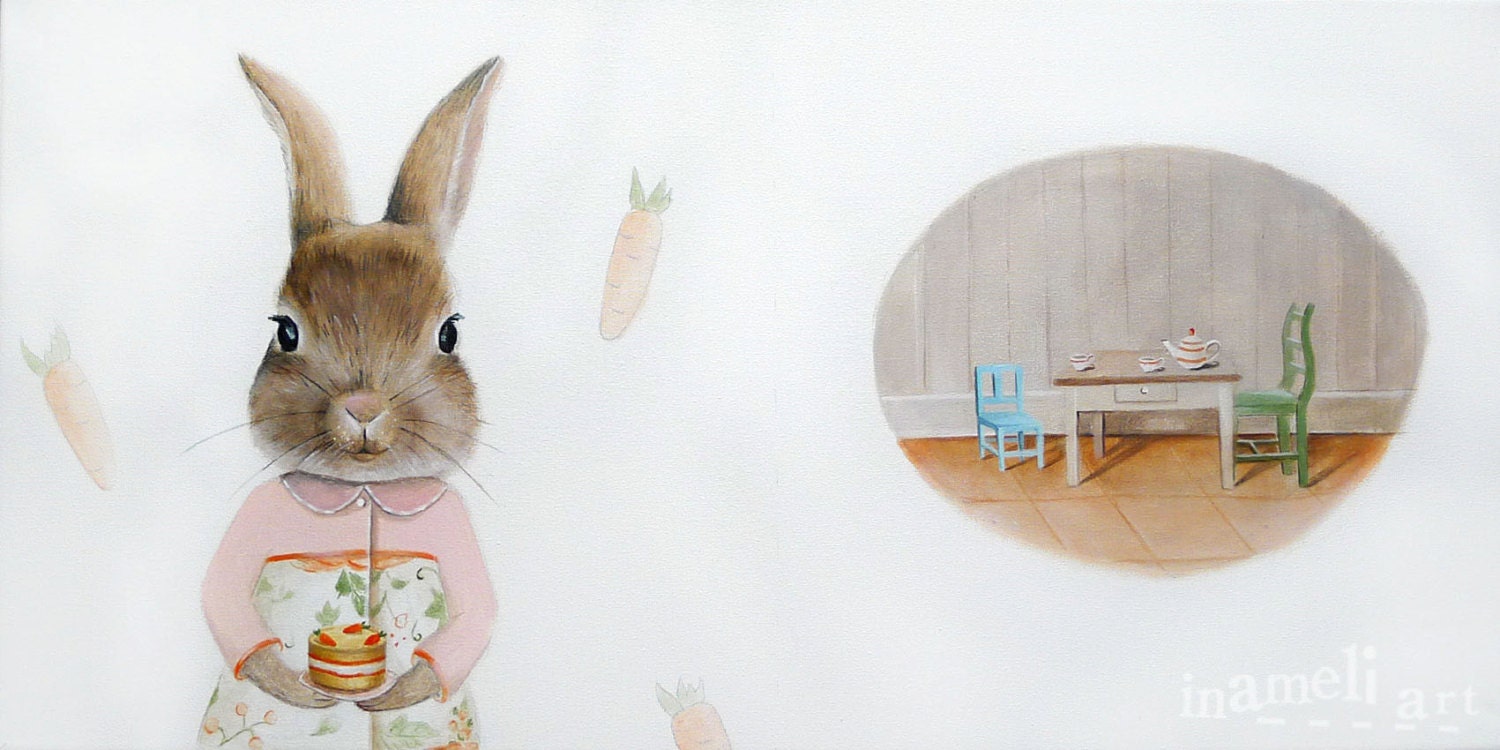 Rabbit illustration, sweet bunny wall art, nursery room decoration, children animal painting by inameliart