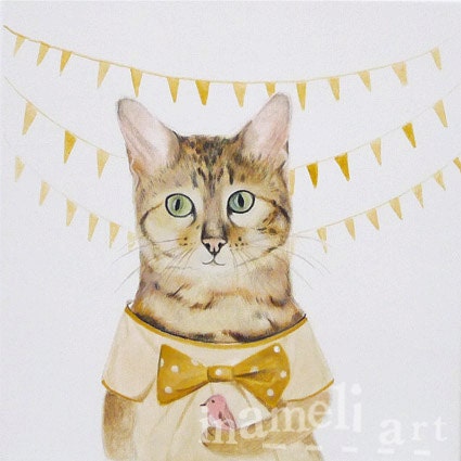 Cat illustration, whimsical animal, childrens art, cat portrait, cat print, animal art, kids painting by inameliart