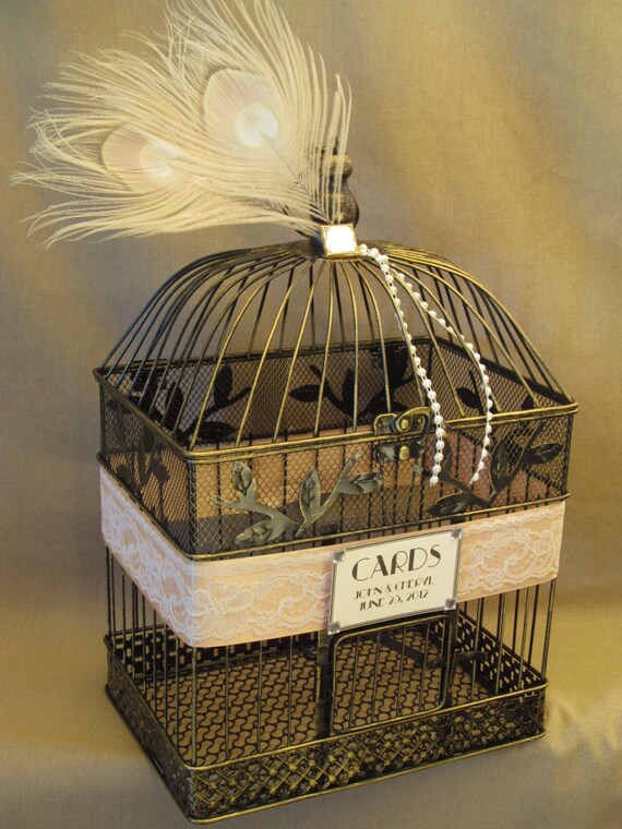 Wedding Card Box / Vintage Style / Peacock Feathers / Lace / Pearls / Art Deco Birdcage Wedding Card Holder