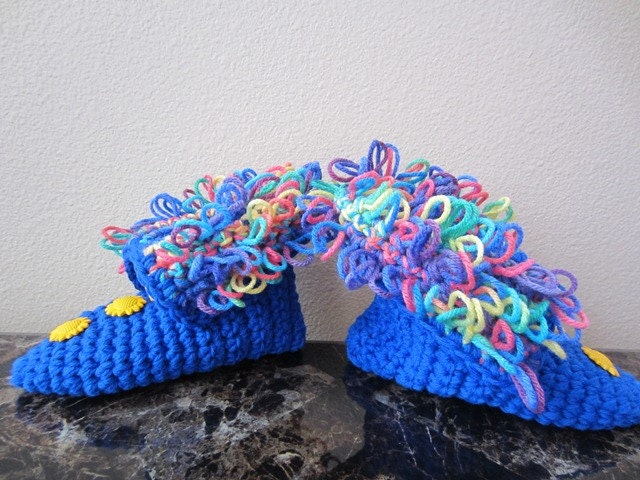 Women Crochet Home Slipper Booties Home Slippers in Royal Blue Buttons Gift for Your Feet
