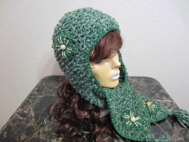 Knit Beanie Ear Flaps Hat Women Scarf-Hat Beanie Green Gray Bulky Soft Warm Cold Weather Accessory For Her Knitted Gift