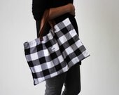 medium fabric tote with leather handles - black and white buffalo check