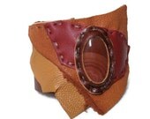 Leather Cuff Bracelet with Red Agate Red Orange and Yellow Ochre