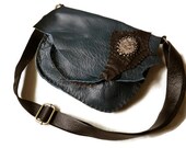 Leather Purse Blue and Black- Leopard Jasper Cabochon