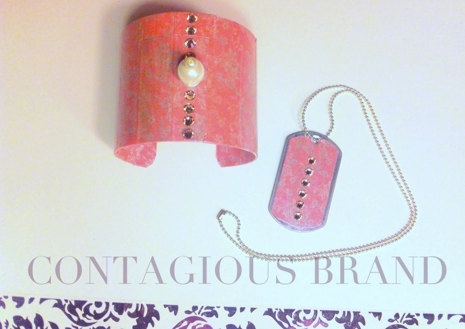 STUNNING Pearlescent Cuff and Matching Dog Tag. Handcrafted, Pink, Swarovski Crystals, Mother Of Pearl, Sterling Silver