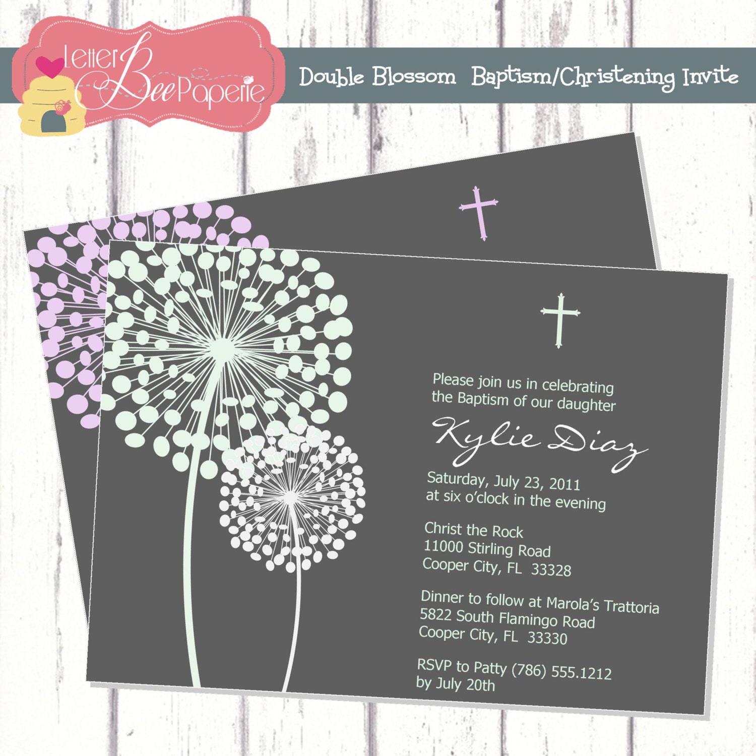 Cotton Blossom Custom Boy/Girl/Twin Baptism Invitation - Choose Your Colors - Printable Digital File Il_570xn
