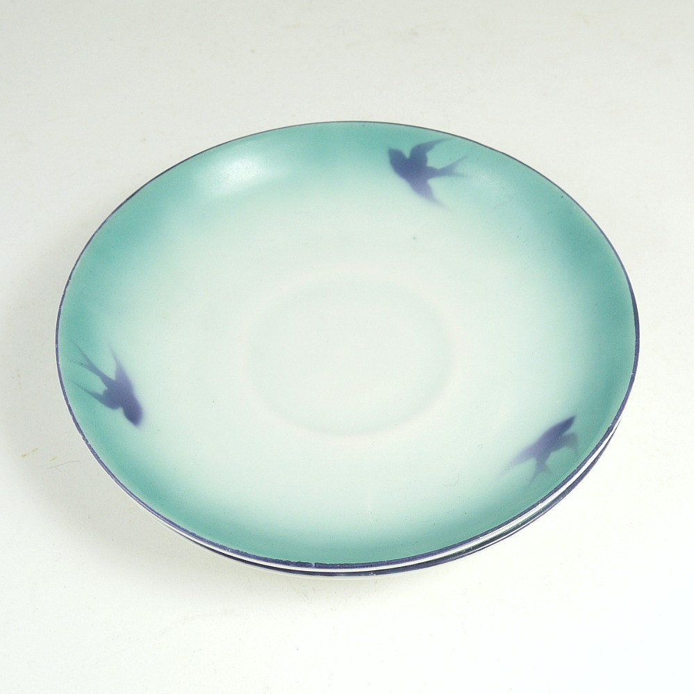 Pair of Vintage 1920s 30s Austrian Porcelain Blue Swallow Bird Saucers - Unique Tealight Candle Holders