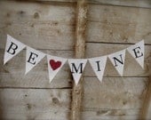 Be mine, red glitter heart and black glitter, classic capital lettering, valentine banner, burlap