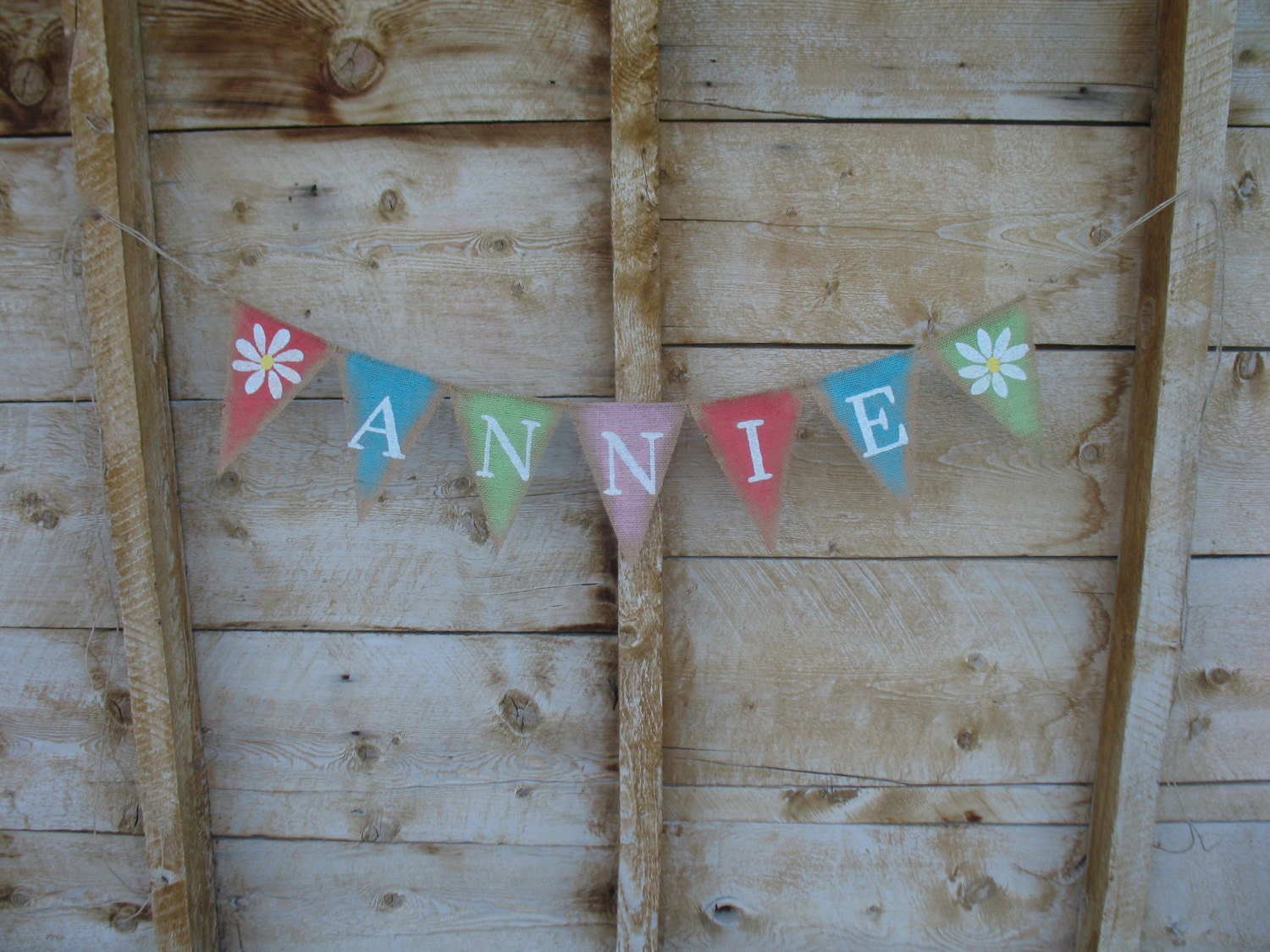 Personalized and custom colored Burlap Banner glittered white lettering, monogram, bunting, painted pennants