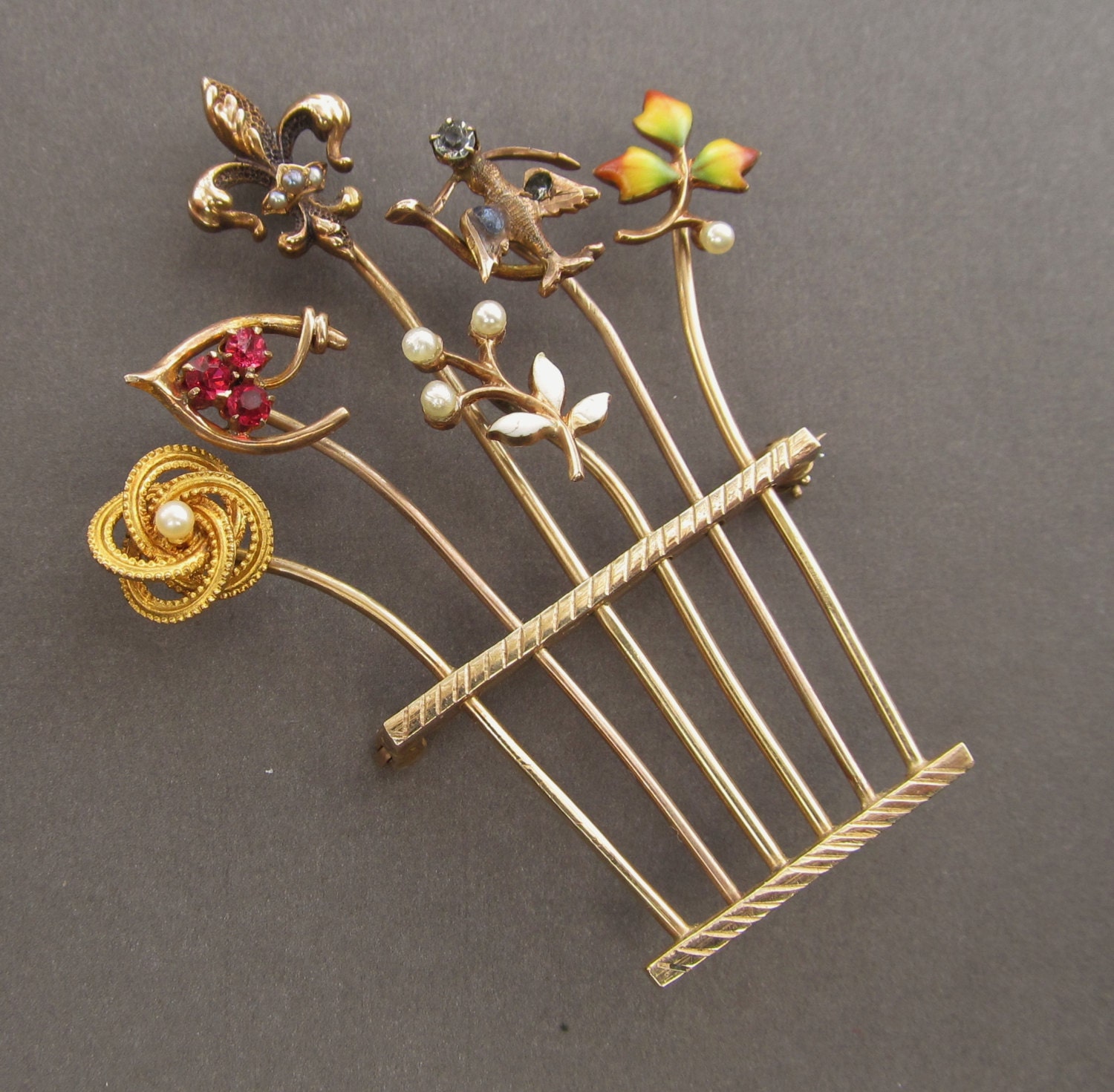 Antique14K Gold Stick Pin Brooch Victorian Enamel Seed Pearls and Sapphires Pin by H A Kirby