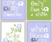 Kids Wall Art Light Blue and Green Nursery Decor Prints You Are My Sunshine Elephant and leaf - 8x10 - baby shower gift, for boy or girl