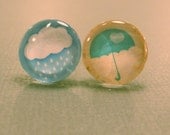 Rain Cloud & Umbrella Studs: Rain Cloud and Umbrella Cabochon Earrings,Domed, Season, Weather, Mix Match