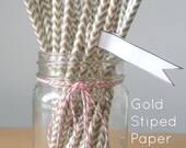 25 Gold Straws, Chevron Striped Paper Straws, Party Straws, Wedding Straws
