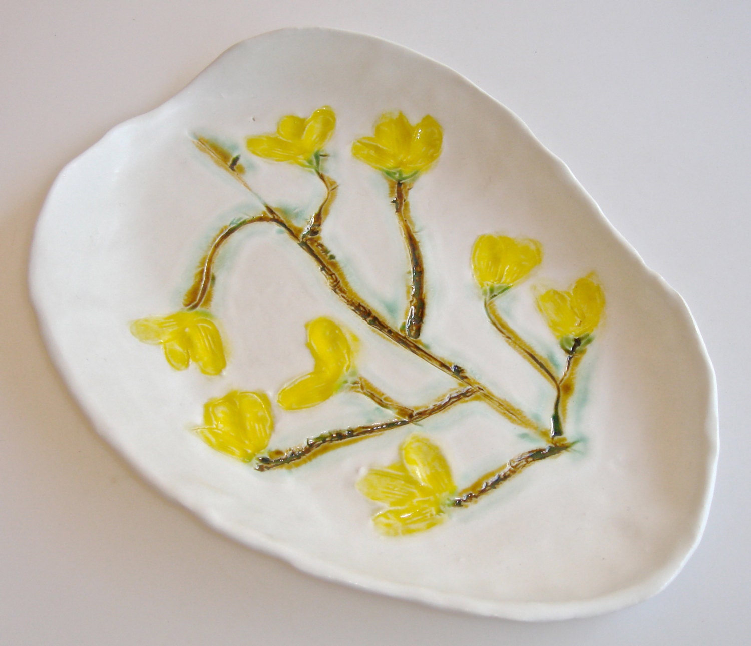 Forsythia platter, hand painted ceramic serving platter