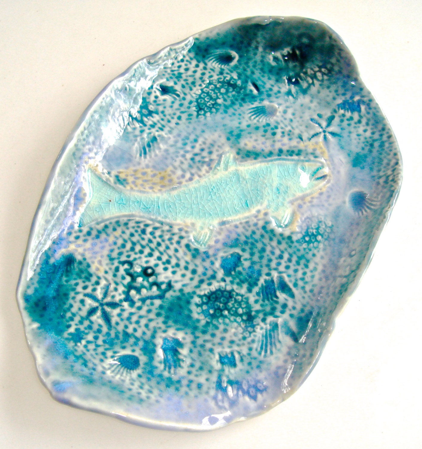 Hand Painted Fish dish, Aqua turquoise and indigo,  ocean scene, Sushi Plate, small dish, spoon rest, sushi plate