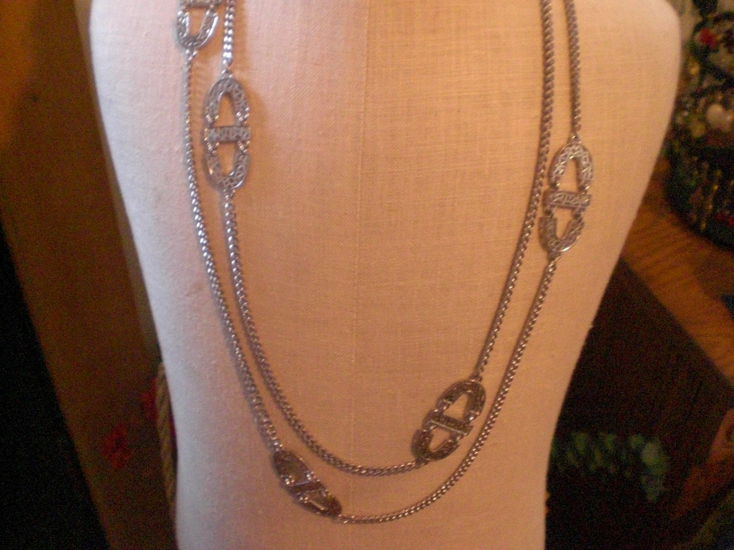 Vintage 1960s Silver Tone Long Necklace Funky Shaped Chain